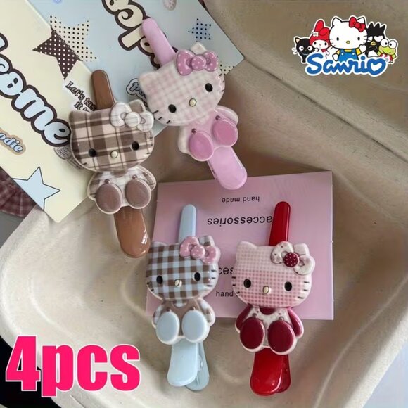 💲5⃣▶Sanrio Hello Kitty Plaid Hair Clips - Pink, Brown, Blue, Red - Picture 1 of 2